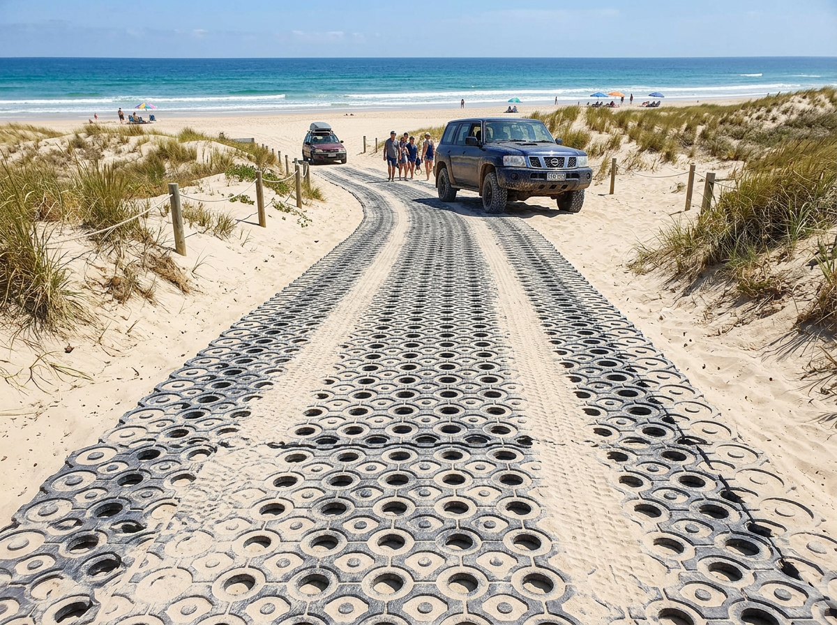 Access road to a beach using the ground mat