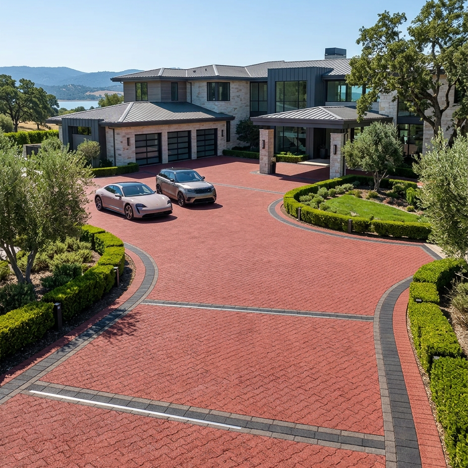 Firefly_Gemini Flash_Luxury residential home that uses the reference image for pavers on the driveway 45841